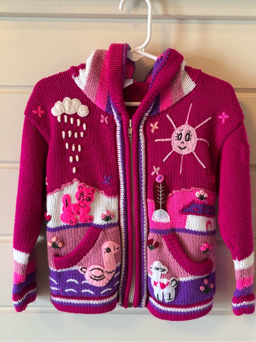 Source Unknown Pink Multicolor Knit Hooded Kids whimsical Sweater